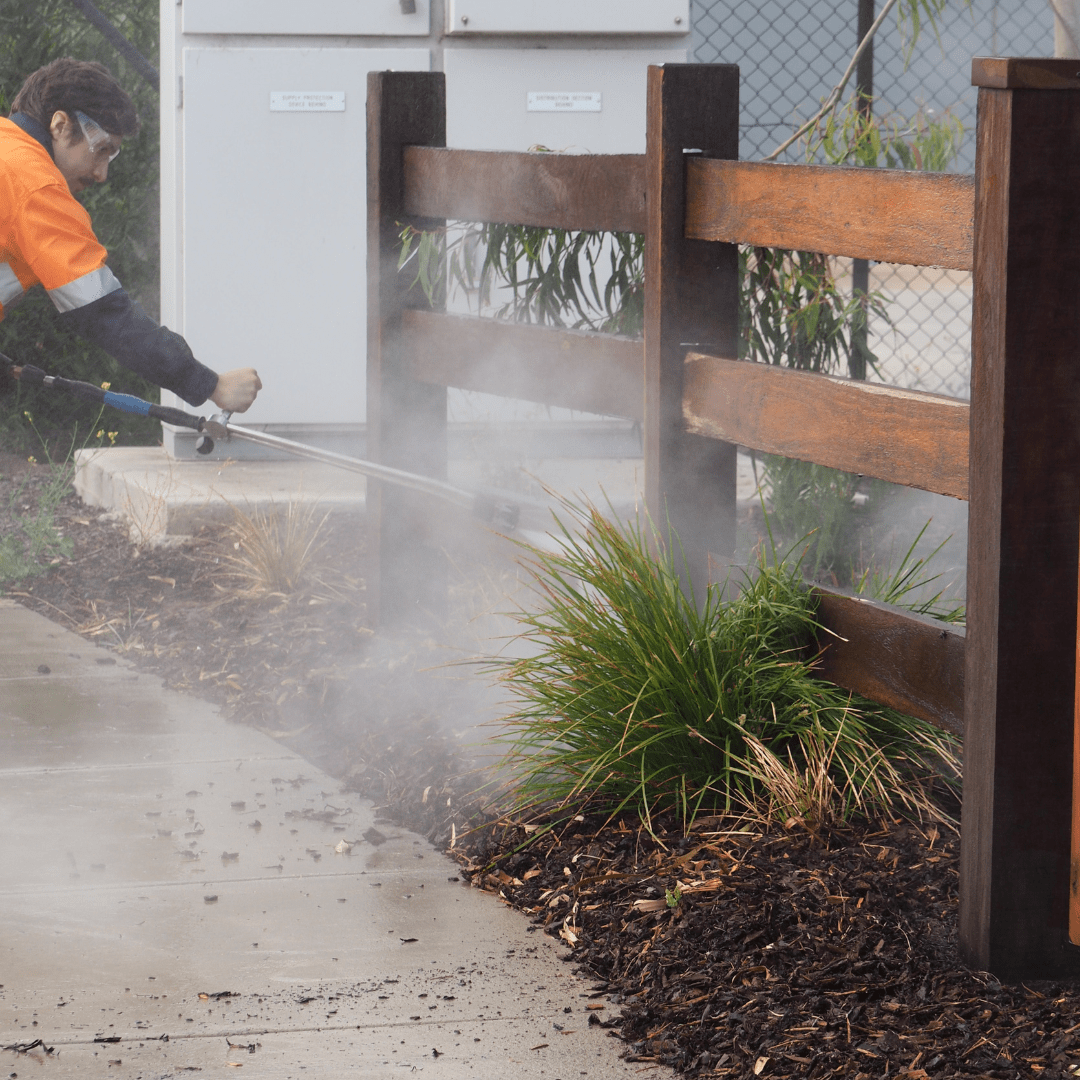 Technician Pressure Washing Timber Fence