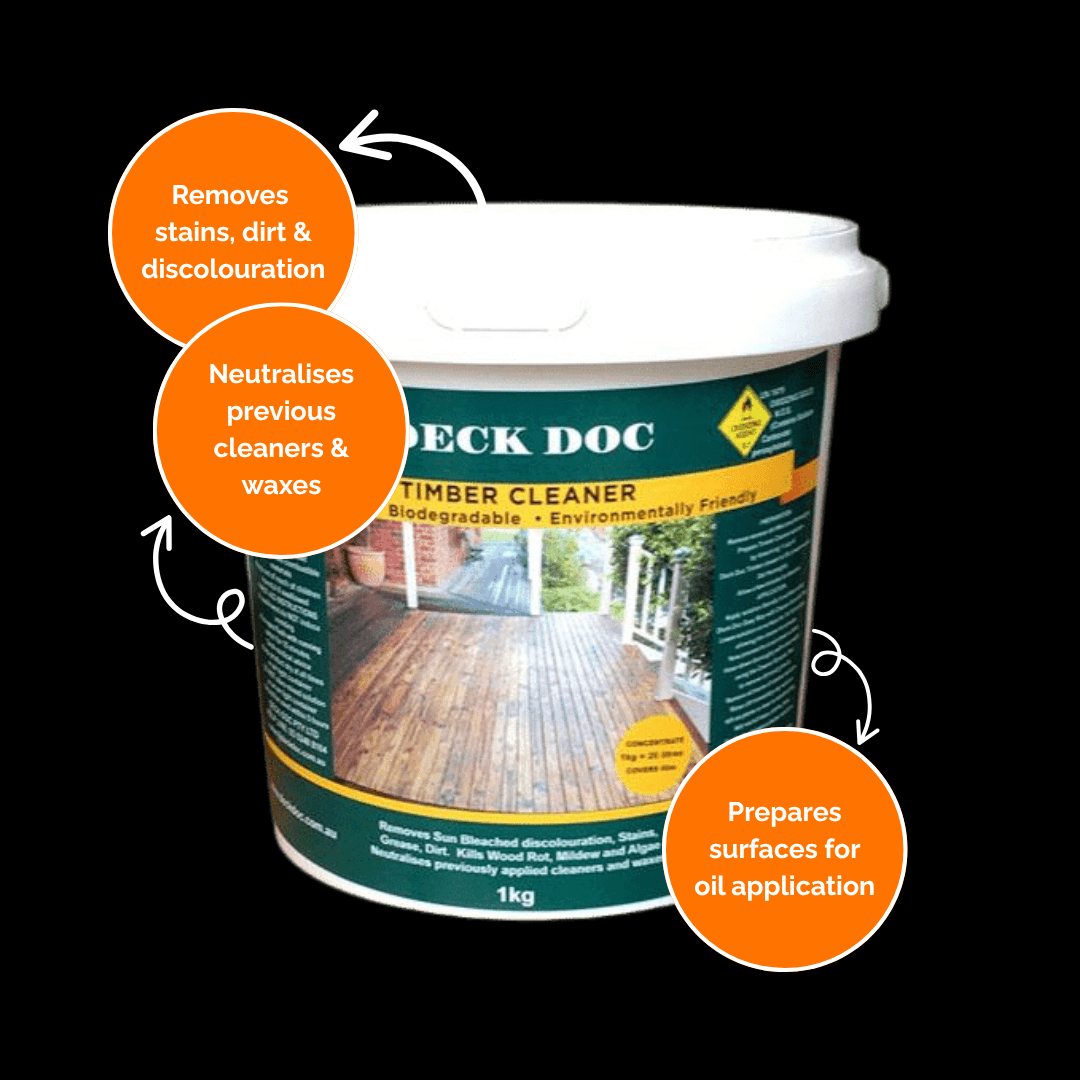 1kg White Bucket of 'Deck Doc Timber Cleaner' with Key Benefits