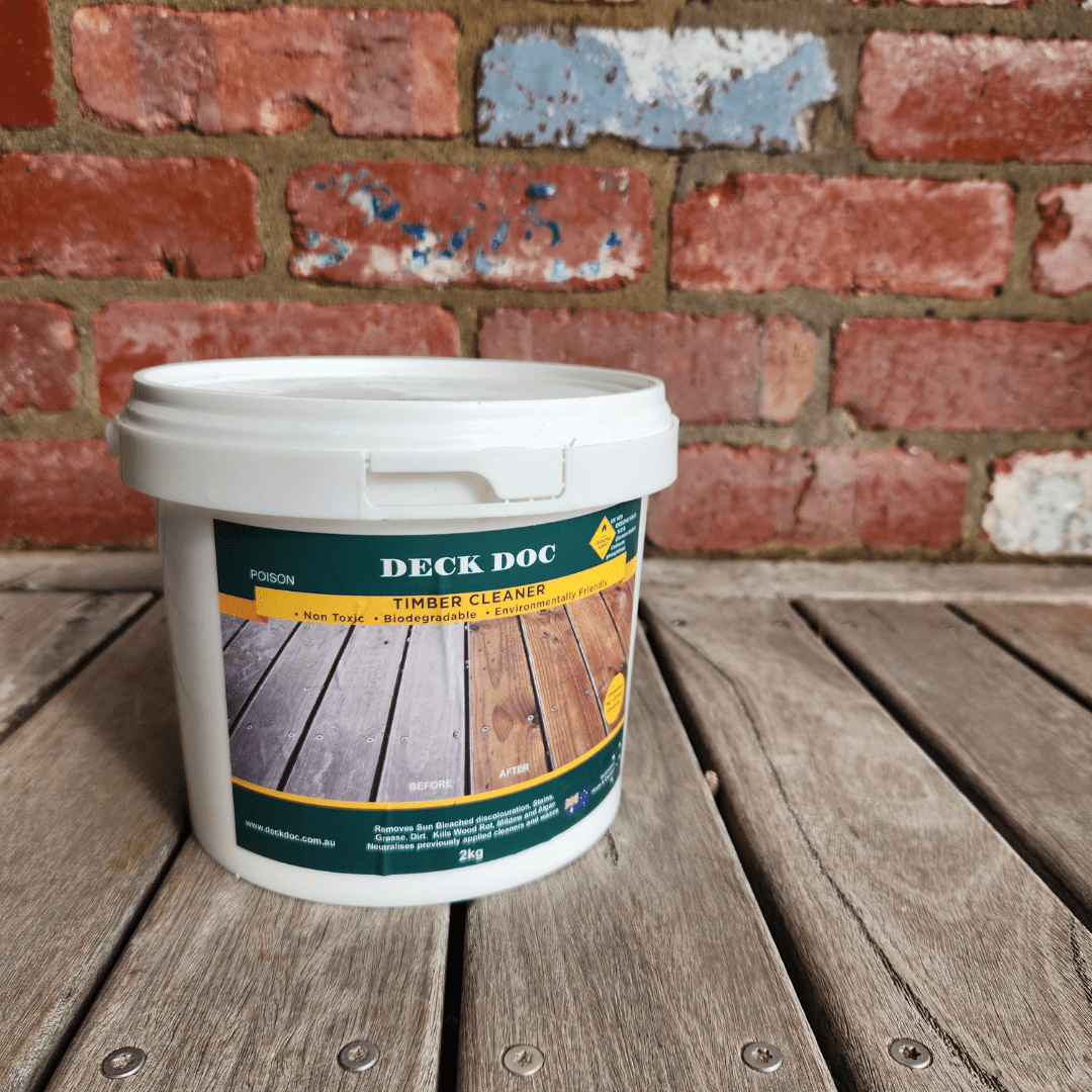 Close Up of 2kg White Bucket of 'Deck Doc Timber Cleaner' with Dark Green Label