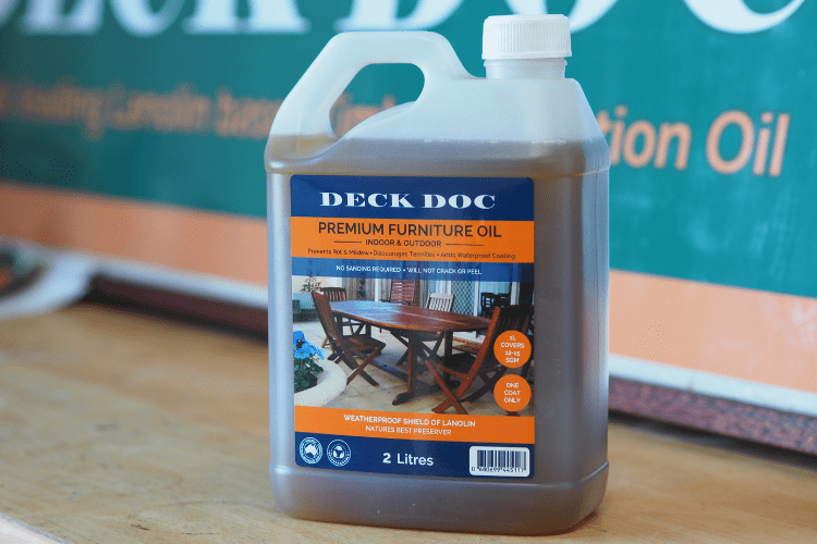 1 x 2L Clear Drum containing Deck Doc 'Premium Furniture Oil' with Dark Blue Label