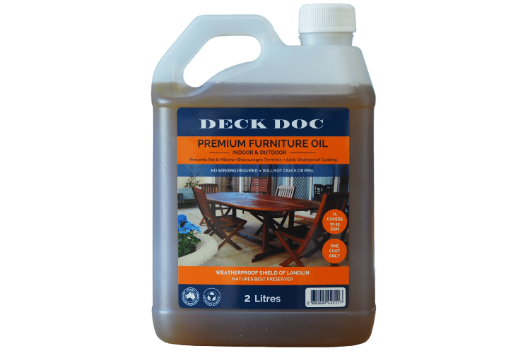 1 x 2L Clear Drum containing Deck Doc 'Premium Furniture Oil' with Dark Blue Label
